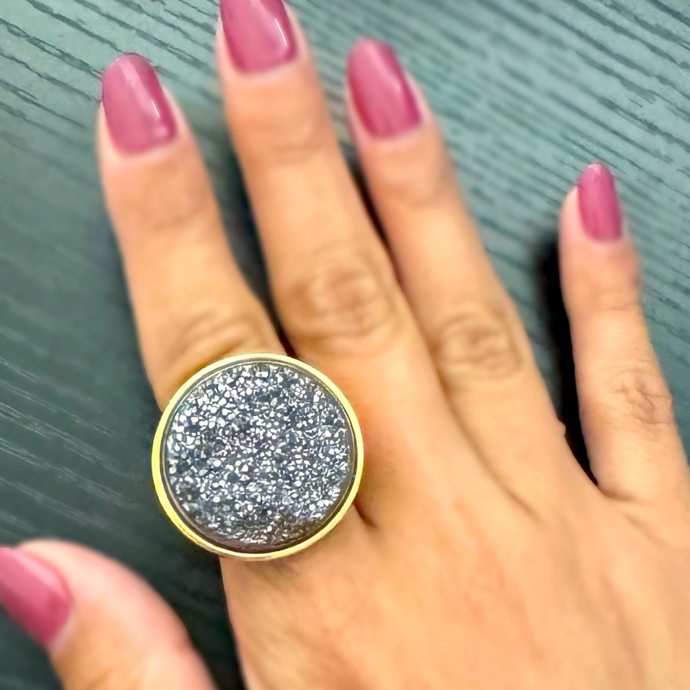 Silver Round Agate Druzy Ring - image 3